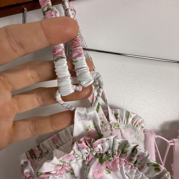 For Love & Lemons Naima Bustier Corset Top – Pink Floral Lace-Up Ribbon Tie - Picture 6 of 12